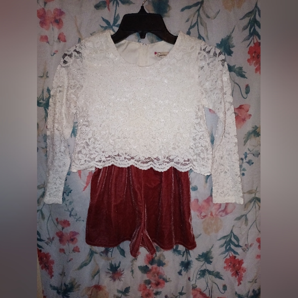 Sweet speechless ivory top and rose gold velvet bottom romper